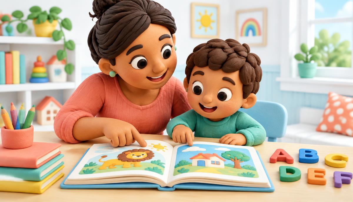Ilustração 3D de mãe e filho lendo juntos um livro ilustrado