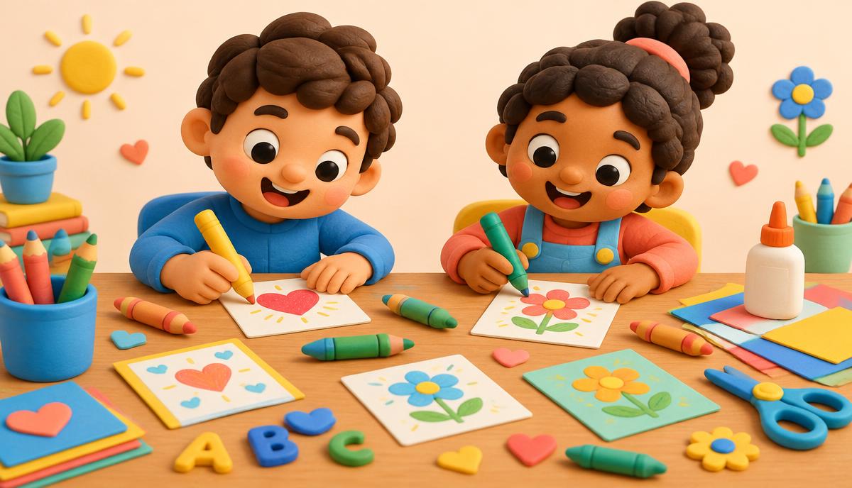Ilustração 3D de crianças criando cartões com lápis e materiais coloridos