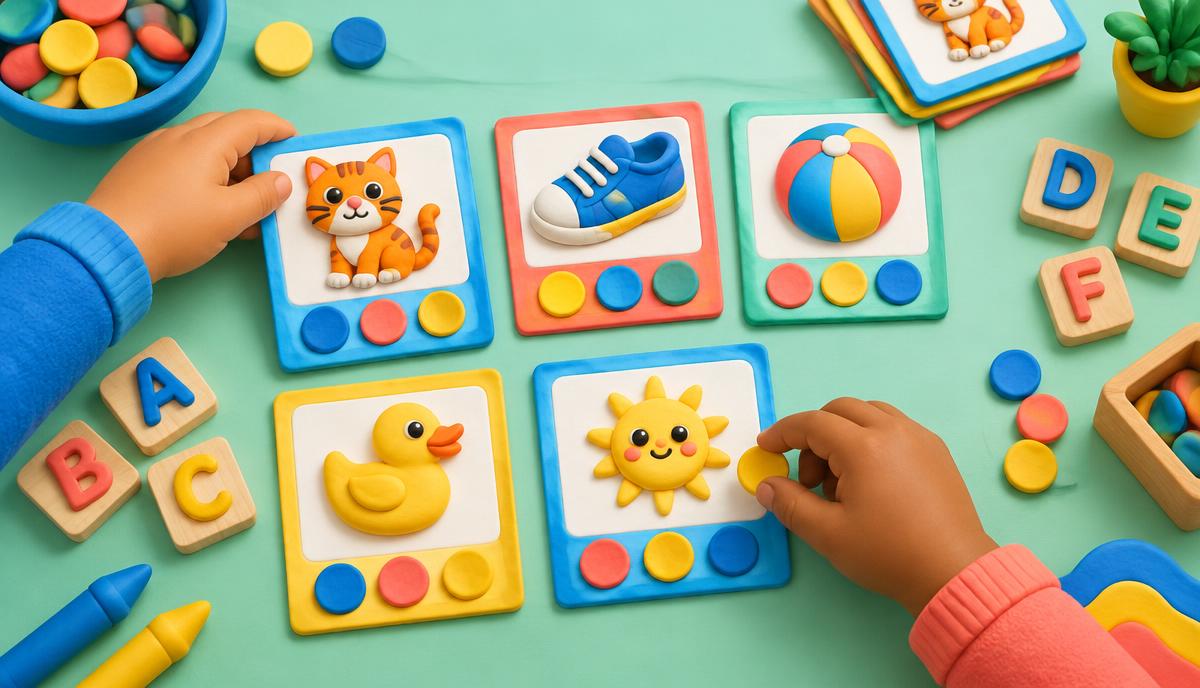 Ilustração 3D de jogo pedagógico com figuras, letras e fichas coloridas