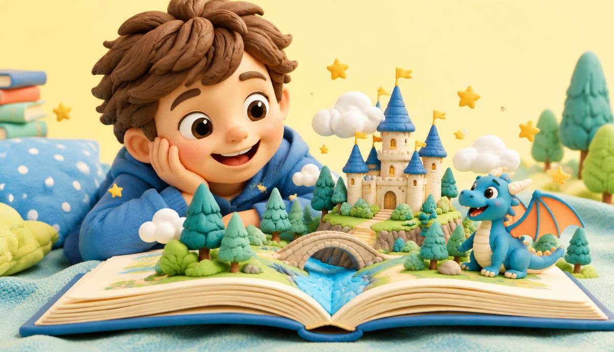 Ilustração 3D de criança lendo um livro com castelo e dragão de uma história