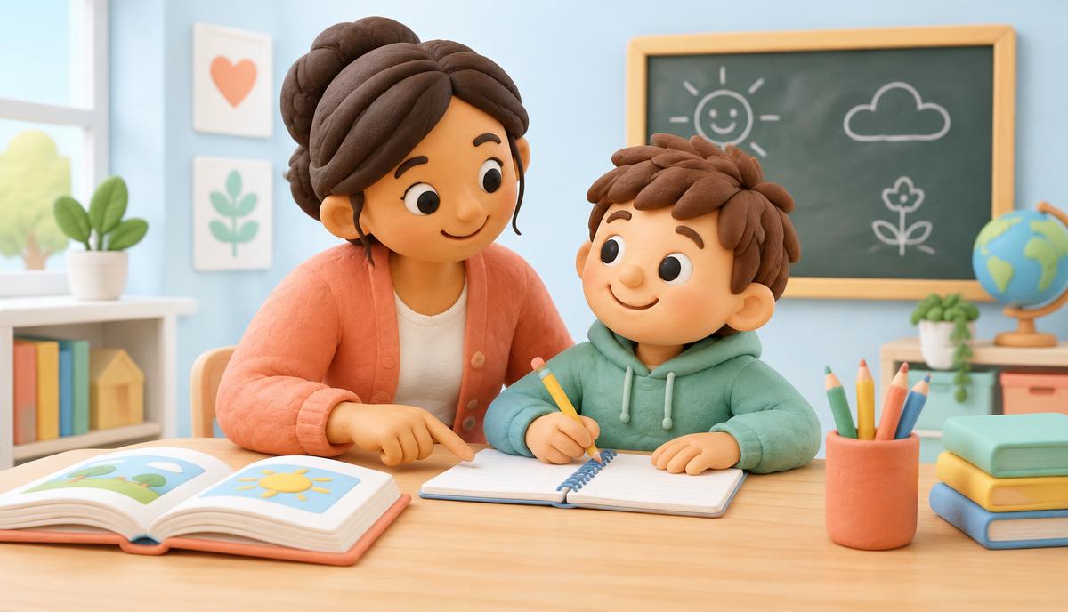 Ilustração 3D de professora apoiando uma criança em uma atividade no caderno
