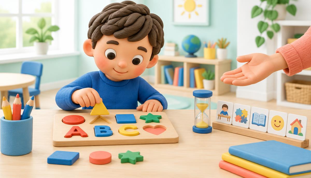 Ilustração 3D de criança com jogo de encaixe e rotina visual de atividades